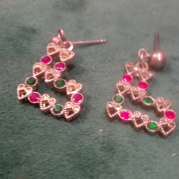 3/$18 Holiday Stocking Dainty Dangle Earrings Ruby Emeralds Sterling Silver - Picture 5 of 10